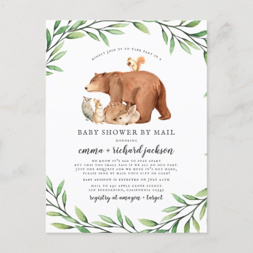 Forest Animals Gender Neutral Baby Shower By Mail Invitation Postcard