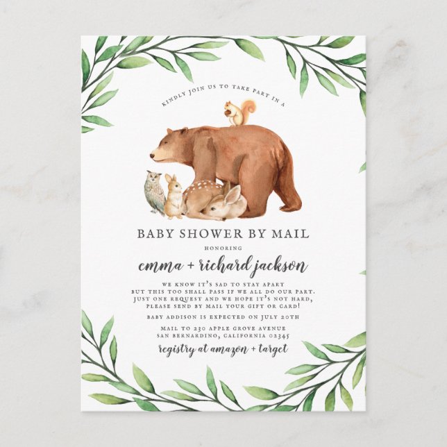 Forest Animals Gender Neutral Baby Shower By Mail Invitation Postcard (Front)