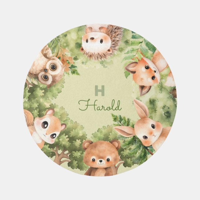 Forest Animals Green Sage Nursery Rug (Front)