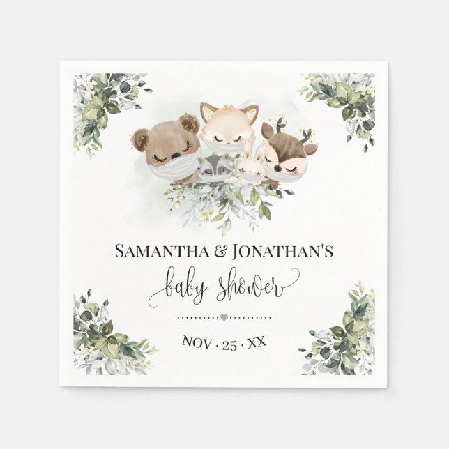 Forest Animals Greenery Baby Shower Napkins (Front)