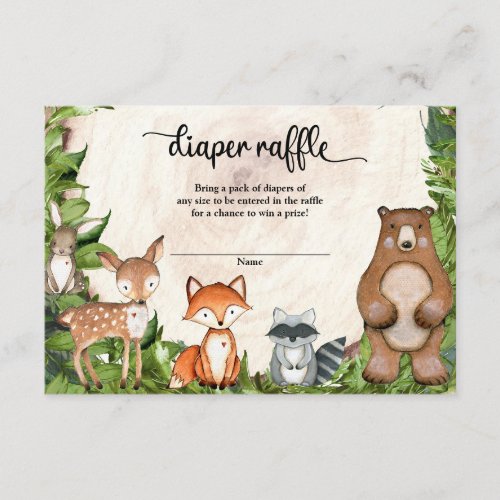 Forest animals greenery wooden slice diaper raffle enclosure card