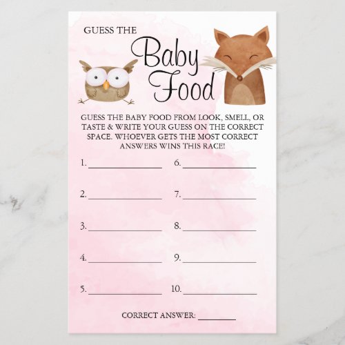 Forest Animals Guess Baby food shower game card Flyer
