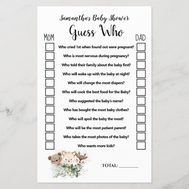 Forest Animals Guess Who Baby Shower Game Card Flyer (Front)