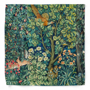 FOREST ANIMALS Hares,Pheasant Bird, Green Floral Bandana