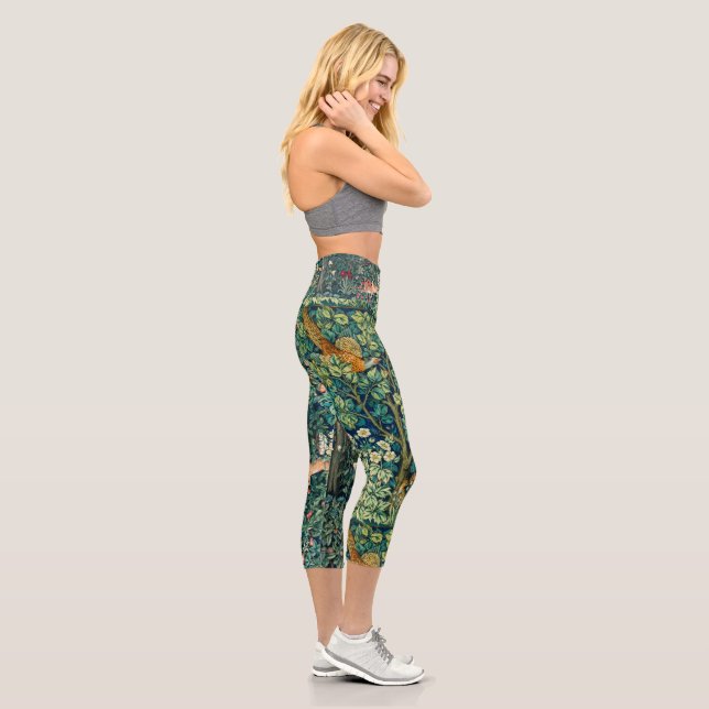 FOREST ANIMALS Hares,Pheasant Bird,Green Floral  Capri Leggings (Right)