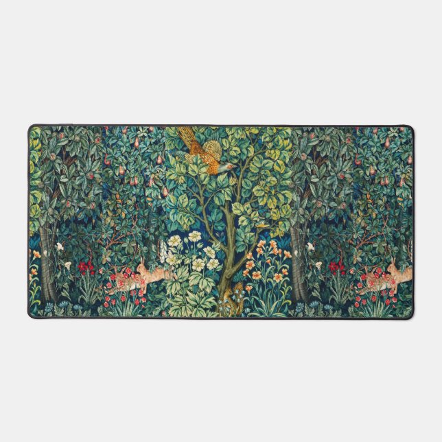 FOREST ANIMALS Hares,Pheasant Bird, Green Floral Desk Mat (Front)