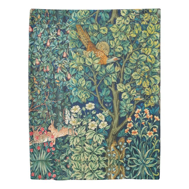 FOREST ANIMALS Hares,Pheasant Bird, Green Floral Duvet Cover (Front)
