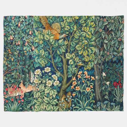 FOREST ANIMALS HaresPheasant Bird Green Floral Fleece Blanket