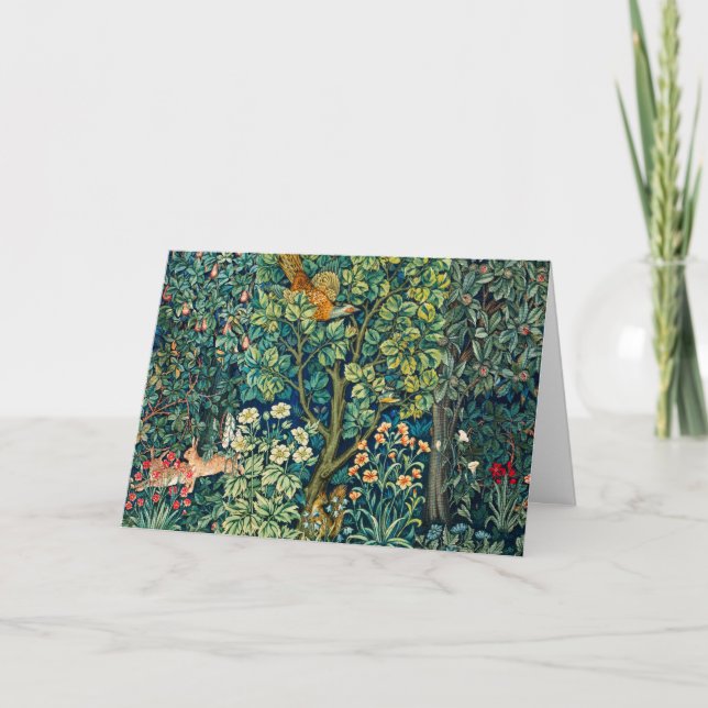 FOREST ANIMALS Hares,Pheasant Bird, Green Floral  Holiday Card (Front)