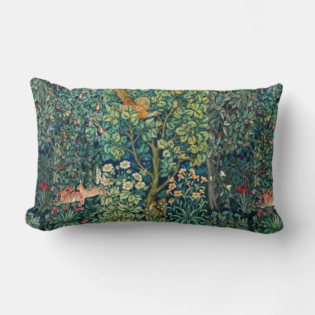 FOREST ANIMALS Hares,Pheasant Bird, Green Floral Lumbar Pillow (Front)
