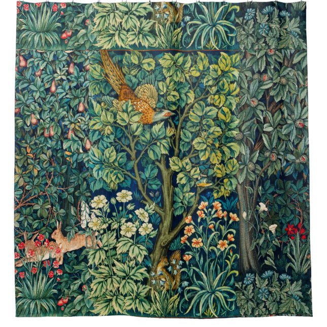 FOREST ANIMALS Hares,Pheasant Bird, Green Floral Shower Curtain (Front)
