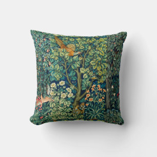FOREST ANIMALS Hares,Pheasant Bird, Green Floral Throw Pillow