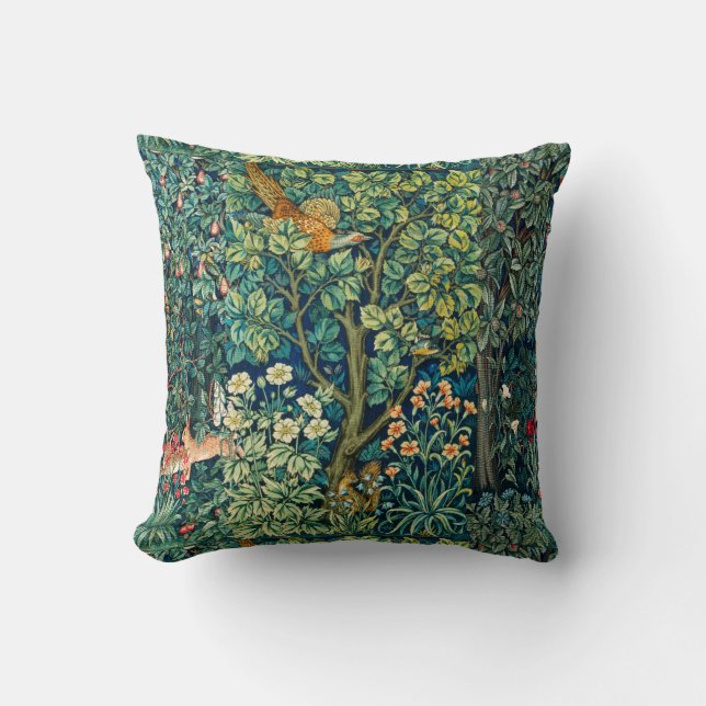 FOREST ANIMALS Hares,Pheasant Bird, Green Floral Throw Pillow (Front)