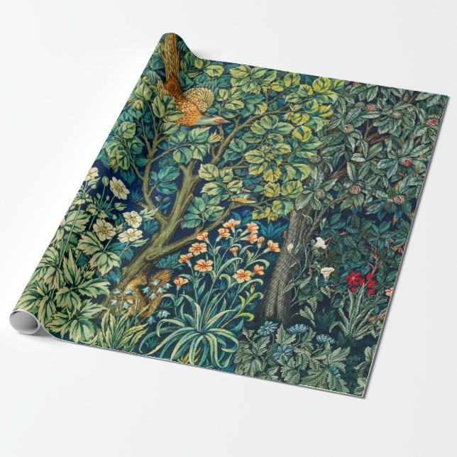 FOREST ANIMALS Hares,Pheasant Bird, Green Floral Wrapping Paper (Unrolled)