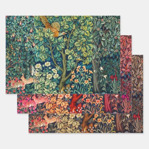 FOREST ANIMALS HaresPheasant Red Green Floral Wrapping Paper Sheets
