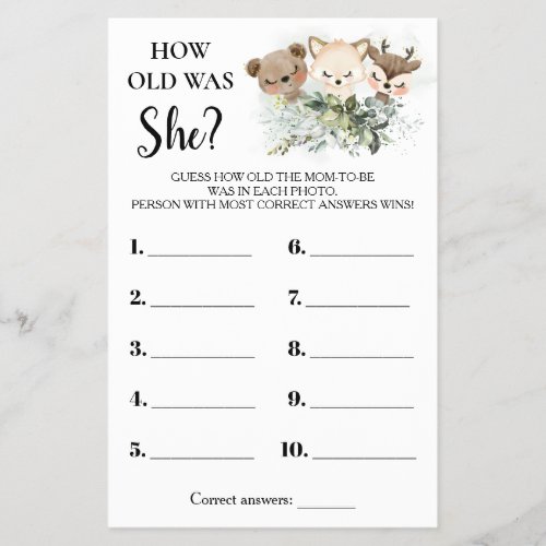 Forest Animals How old was She Baby Shower Card Flyer