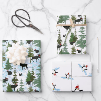 Forest Animals in Santa Hats Wrapping Paper Sheets