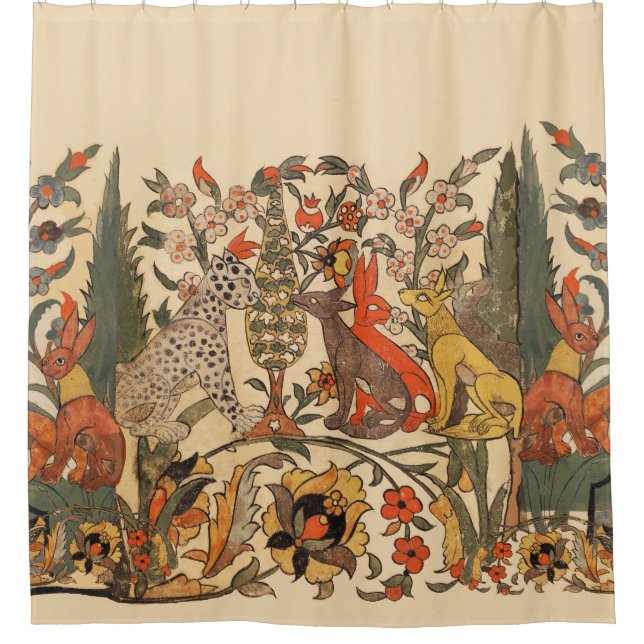 FOREST ANIMALS ,LEOPARD, JACKALS, RABBITS ,FLOWERS SHOWER CURTAIN (Front)