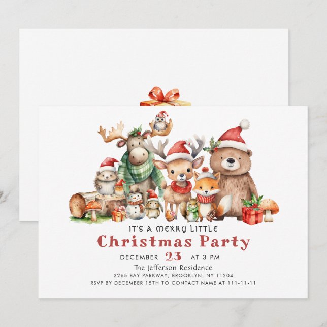 Forest Animals Merry Little Christmas Party Invitation (Front/Back)