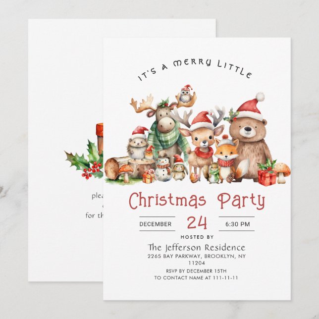 Forest Animals Merry Little Christmas Party Invitation (Front/Back)