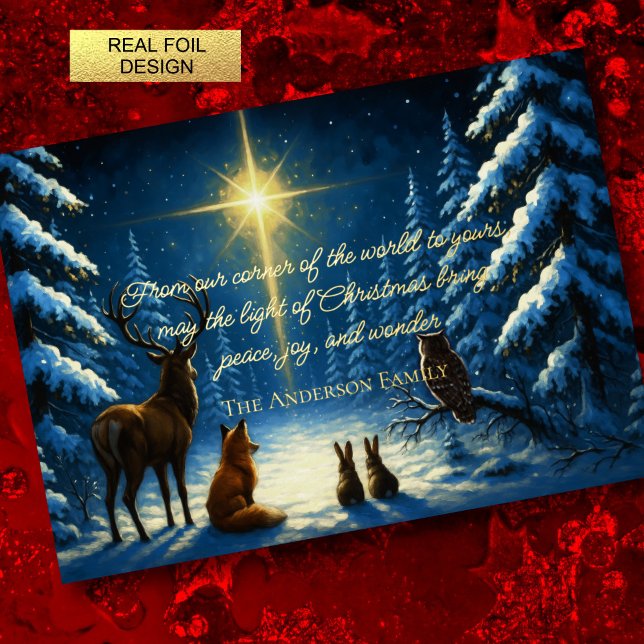 Forest Animals Mesmerized by the Christmas Star Foil Holiday Card (Creator Uploaded)