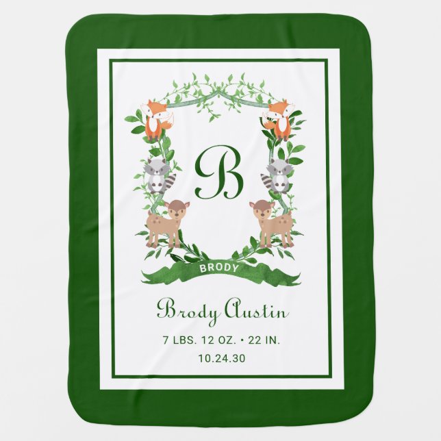 Forest Animals Monogrammed Crest Baby Blanket (Front)