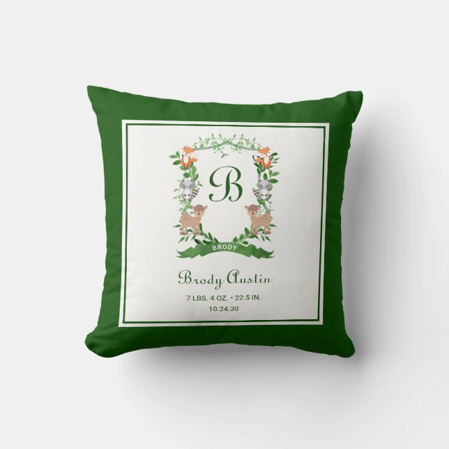 Forest Animals Monogrammed Crest Throw Pillow (Front)