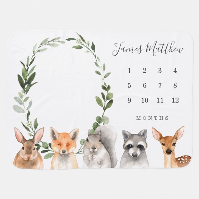 Forest Animals Monthly Milestone Baby Blanket (Horizontal)