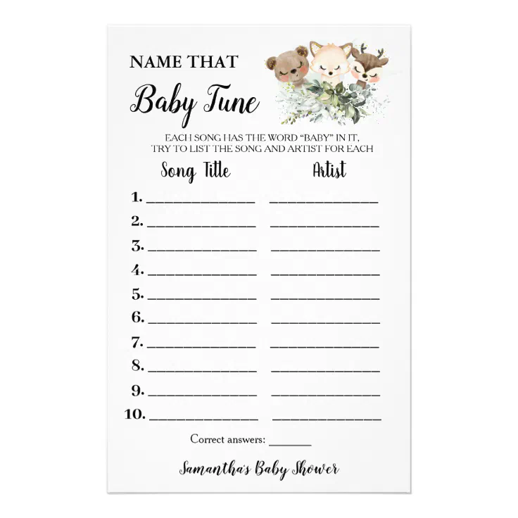 Forest Animals Name Baby Tune Shower Game card Flyer | Zazzle