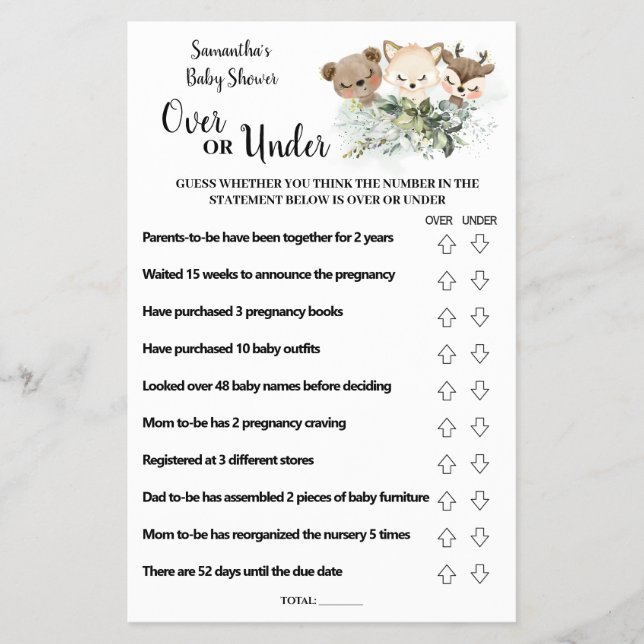Forest Animals Over or Under Baby Shower Game card Flyer (Front)