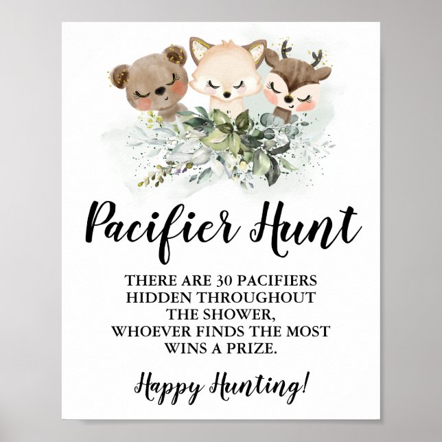 Forest Animals Pacifier hunt Baby Shower game sign (Front)