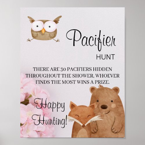 Forest Animals Pacifier Hunt Baby Shower Game Sign