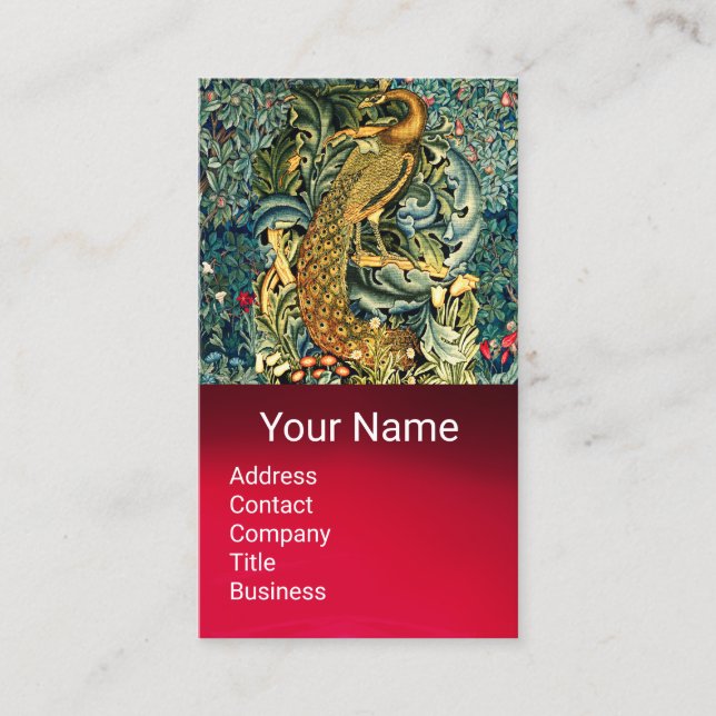 FOREST ANIMALS,PEACOCK IN GREEN FLORALGEM MONOGRAM BUSINESS CARD (Front)