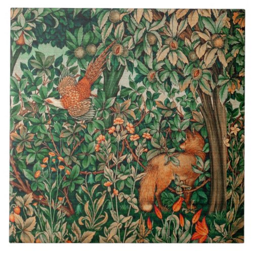 FOREST ANIMALS Pheasant and Red FoxGreen Floral Ceramic Tile