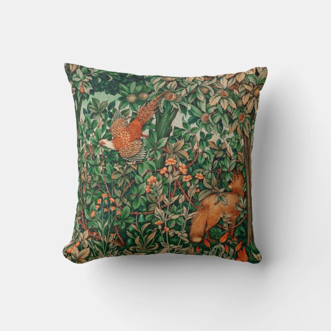 FOREST ANIMALS Pheasant and Red Fox,Green Floral Throw Pillow (Front)