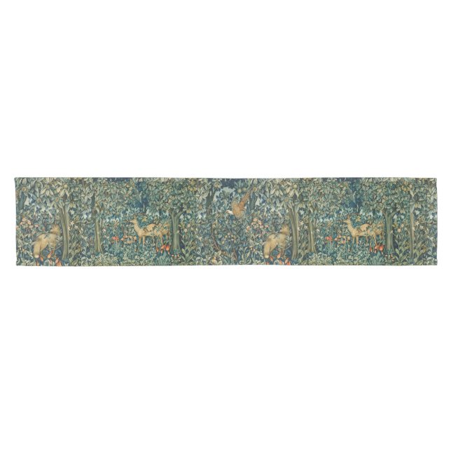 FOREST ANIMALS Pheasant,Fox,Does ,Green Floral  Short Table Runner (Horizontal)