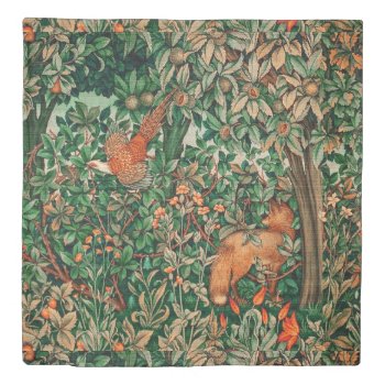 Forest Animals Pheasant  Red Fox Green Floral Duvet Cover by bulgan_lumini at Zazzle