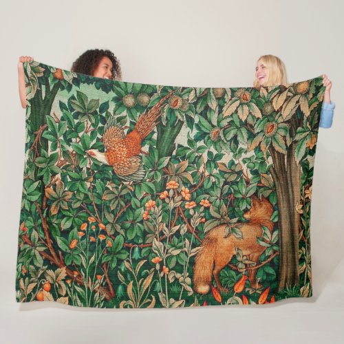 FOREST ANIMALS Pheasant Red FoxGreen Floral Fleece Blanket