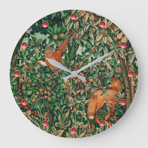 FOREST ANIMALS Pheasant Red Fox Green Floral Large Clock