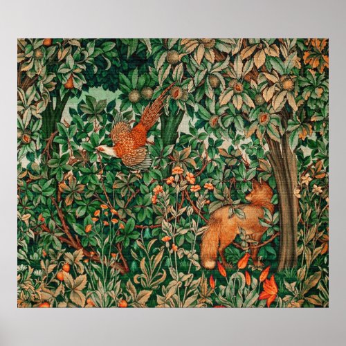 FOREST ANIMALS Pheasant Red FoxGreen Floral Poster