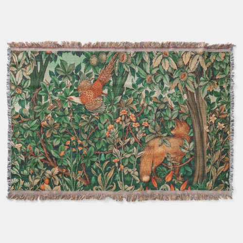 FOREST ANIMALS Pheasant Red Fox Green Floral  Throw Blanket