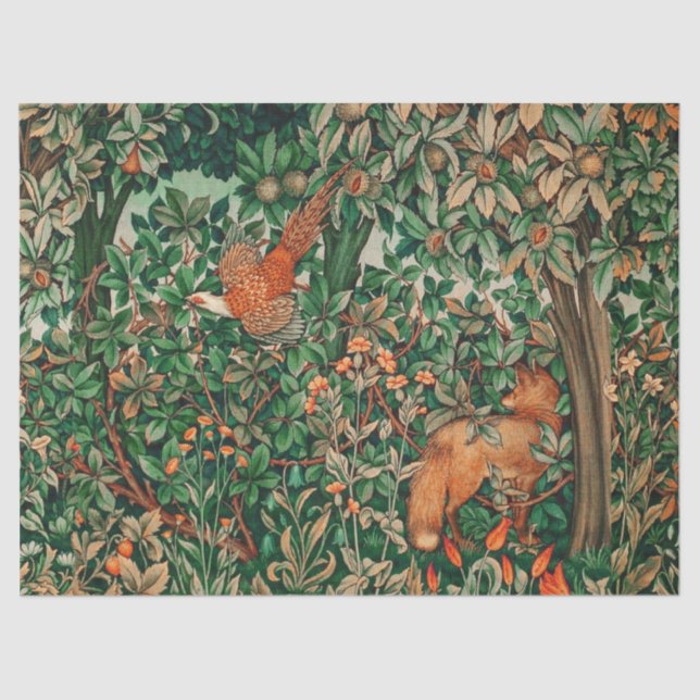 FOREST ANIMALS Pheasant,Red Fox,Green Floral Tissue Paper (Front)