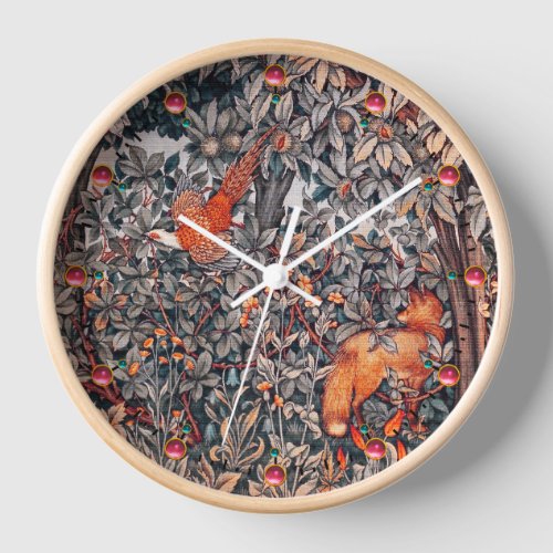 FOREST ANIMALS Pheasant Red Fox Grey Floral  Clock