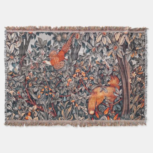 FOREST ANIMALS Pheasant Red FoxGrey Floral  Throw Blanket