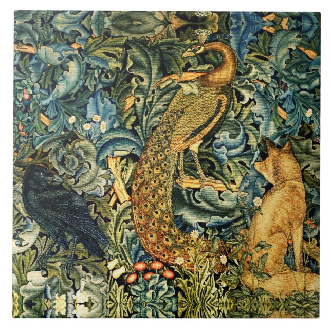 FOREST ANIMALS,RAVEN,FOX,PEACOCK Blue Green Floral Ceramic Tile (Front)