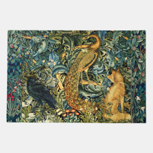 FOREST ANIMALS,RAVEN,FOX,PEACOCK Blue Green Floral Doormat