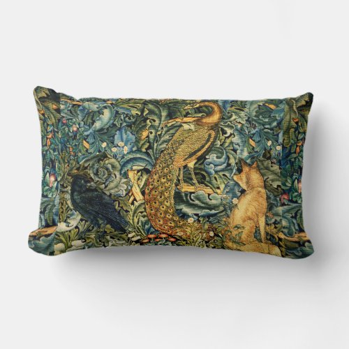 FOREST ANIMALSRAVENFOXPEACOCK Blue Green Floral Lumbar Pillow