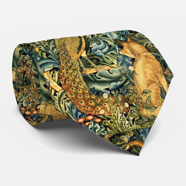 FOREST ANIMALS,RAVEN,FOX,PEACOCK Blue Green Floral Neck Tie (Rolled)