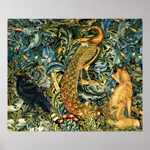 FOREST ANIMALSRAVENFOXPEACOCK Blue Green Floral Poster
