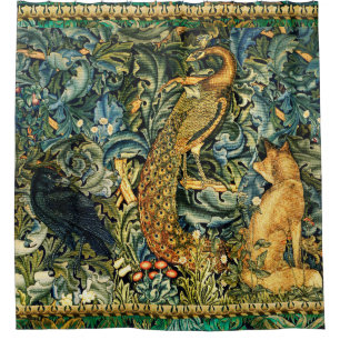 FOREST ANIMALS,RAVEN,FOX,PEACOCK Blue Green Floral Shower Curtain